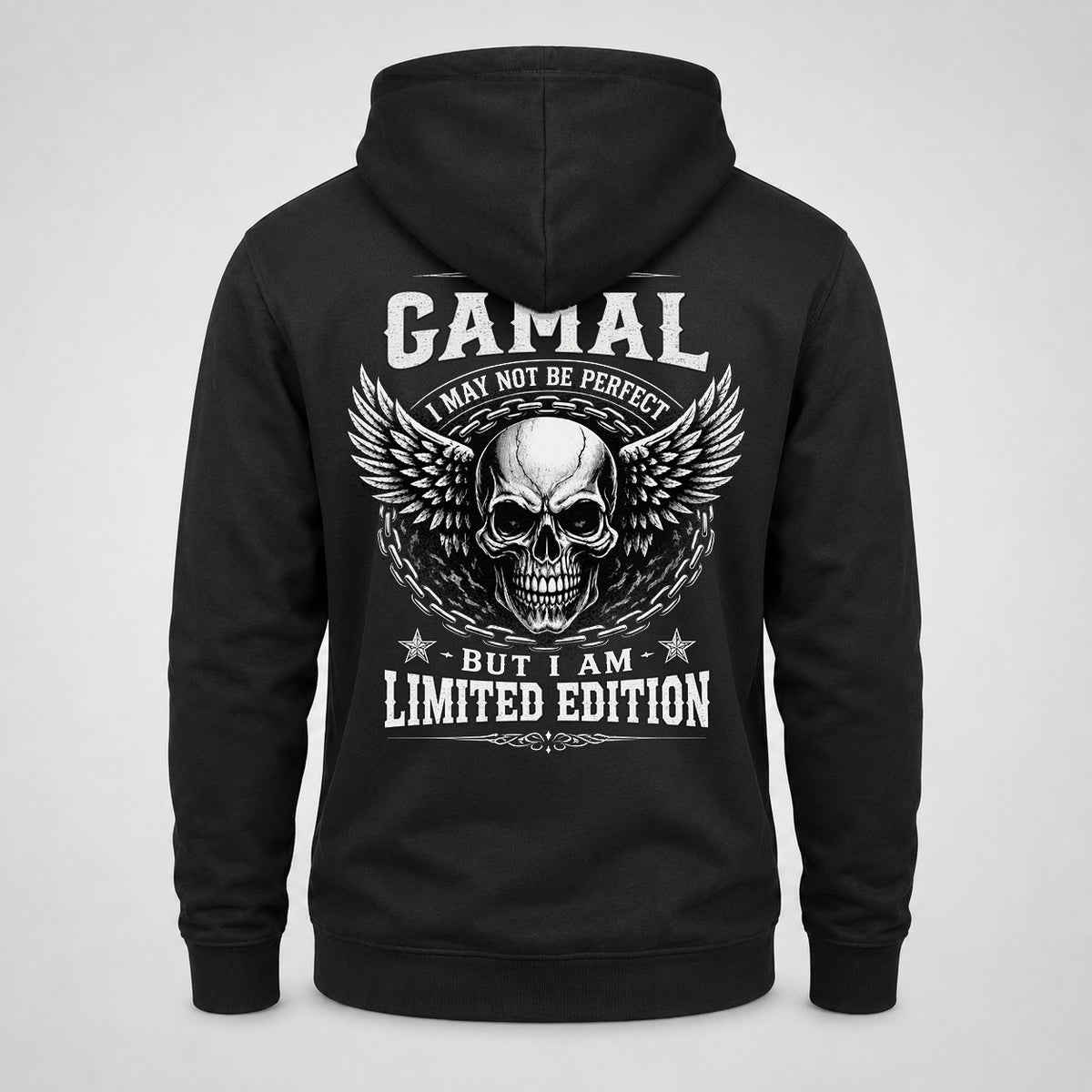 GAMAL P01-K24-229 – Personalized Skull Graphic Apparel “I Am NAME I May Not Be Perfect But I Am Limited Edition”
