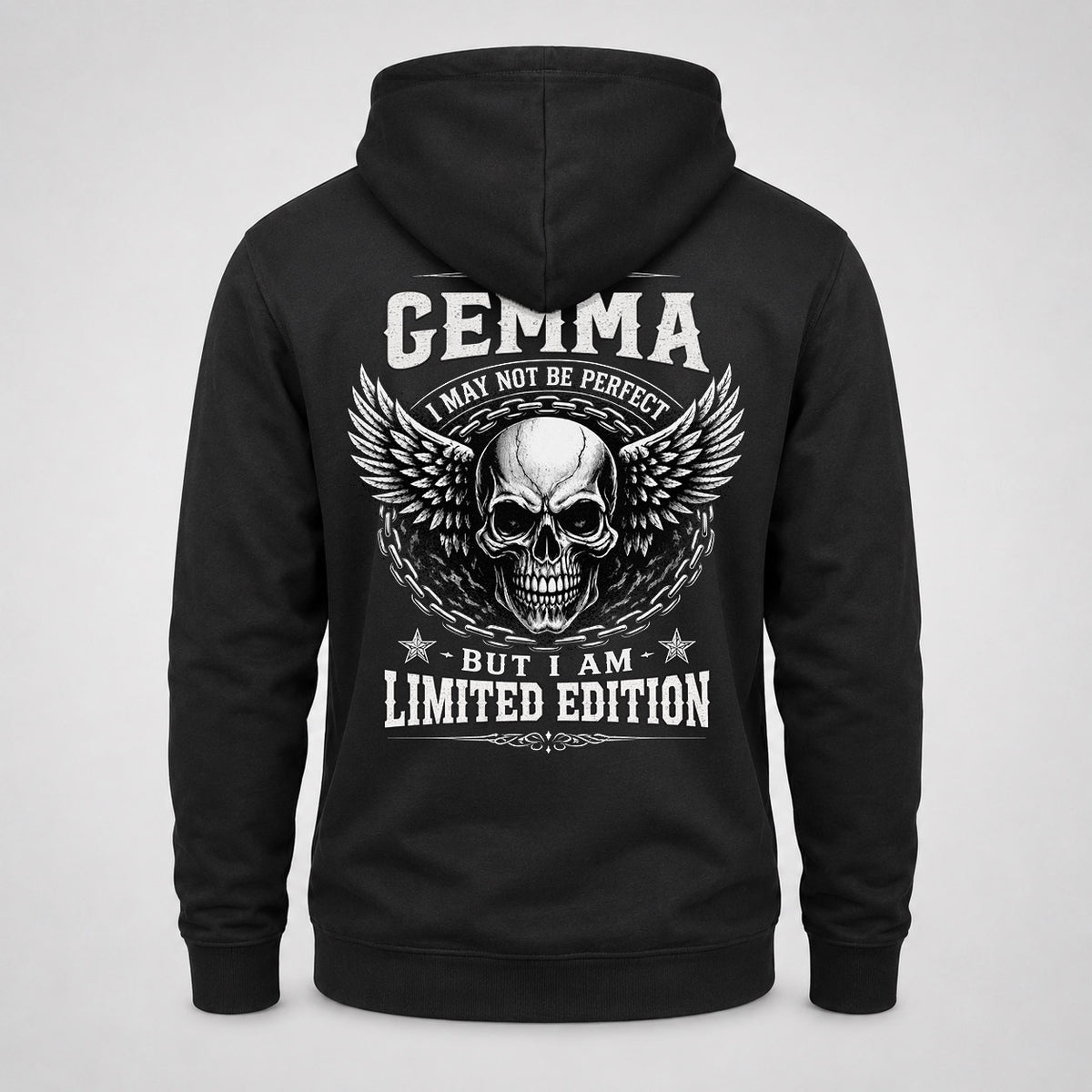 GEMMA P01-K24-229 – Personalized Skull Graphic Apparel “I Am NAME I May Not Be Perfect But I Am Limited Edition”