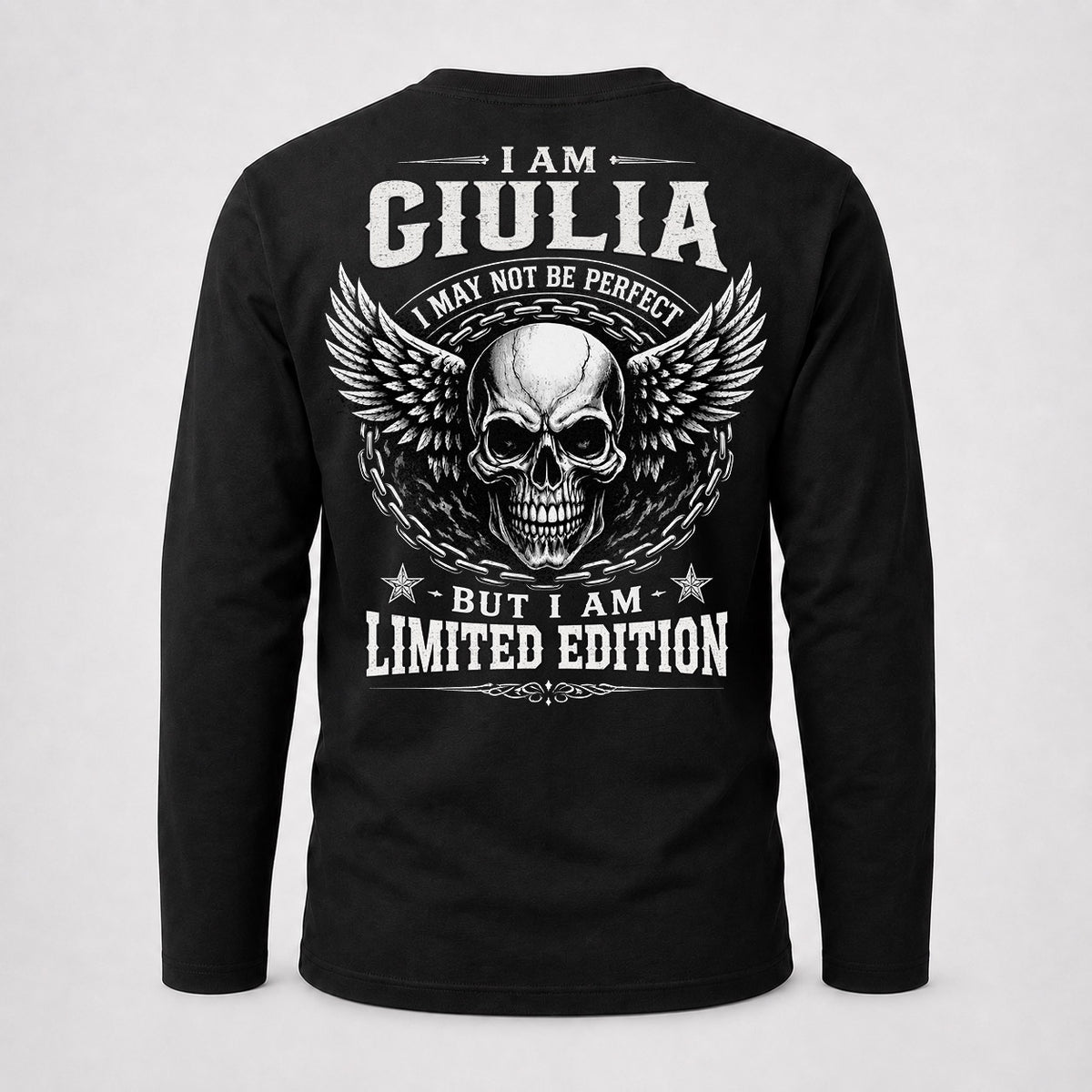 GIULIA P01-K24-229 – Personalized Skull Graphic Apparel “I Am NAME I May Not Be Perfect But I Am Limited Edition”