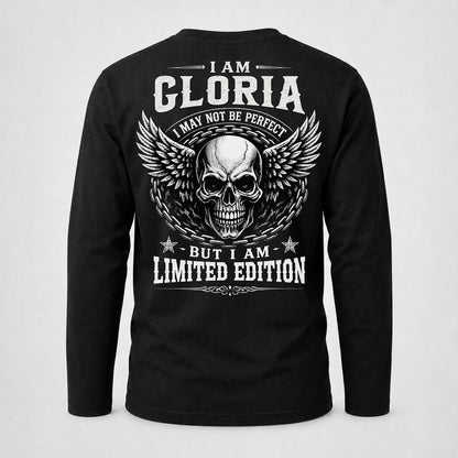 GLORIA P01-K24-229 – Personalized Skull Graphic Apparel “I Am NAME I May Not Be Perfect But I Am Limited Edition”