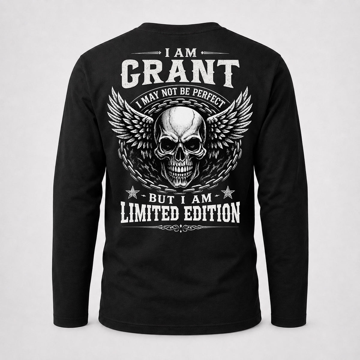 GRANT P01-K24-229 – Personalized Skull Graphic Apparel “I Am NAME I May Not Be Perfect But I Am Limited Edition”