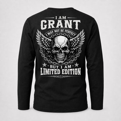 GRANT P01-K24-229 – Personalized Skull Graphic Apparel “I Am NAME I May Not Be Perfect But I Am Limited Edition”