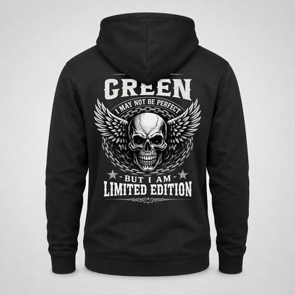 GREEN P01-K24-229 – Personalized Skull Graphic Apparel “I Am NAME I May Not Be Perfect But I Am Limited Edition”