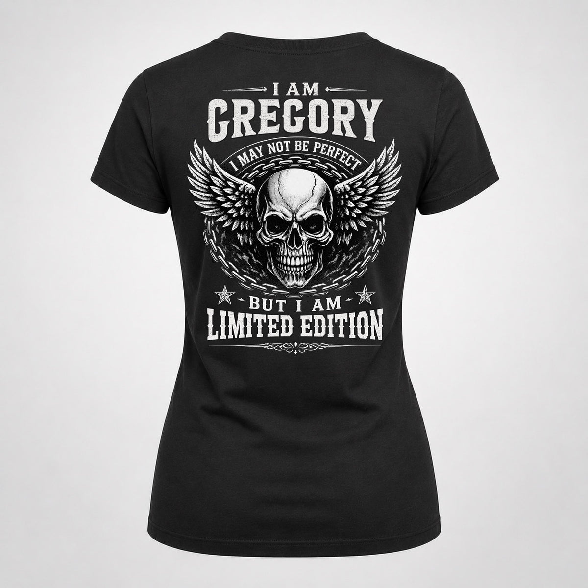 GREGORY P01-K24-229 – Personalized Skull Graphic Apparel “I Am NAME I May Not Be Perfect But I Am Limited Edition”