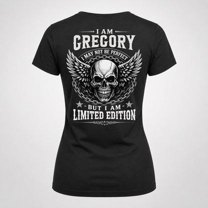 GREGORY P01-K24-229 – Personalized Skull Graphic Apparel “I Am NAME I May Not Be Perfect But I Am Limited Edition”