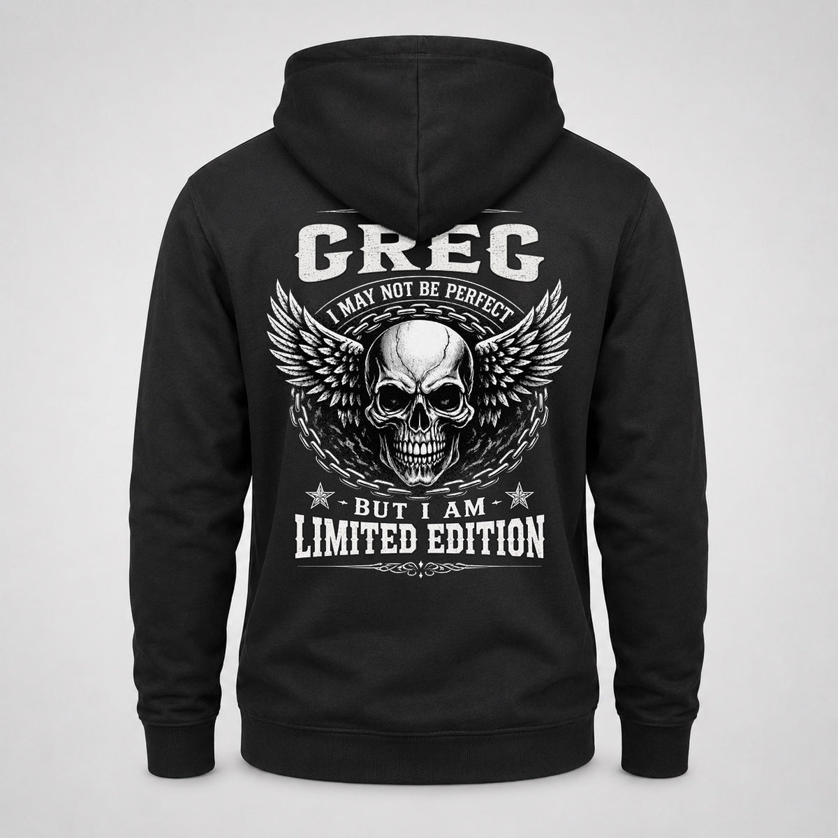 GREG P01-K24-229 – Personalized Skull Graphic Apparel “I Am NAME I May Not Be Perfect But I Am Limited Edition”