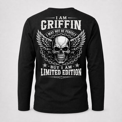 GRIFFIN P01-K24-229 – Personalized Skull Graphic Apparel “I Am NAME I May Not Be Perfect But I Am Limited Edition”