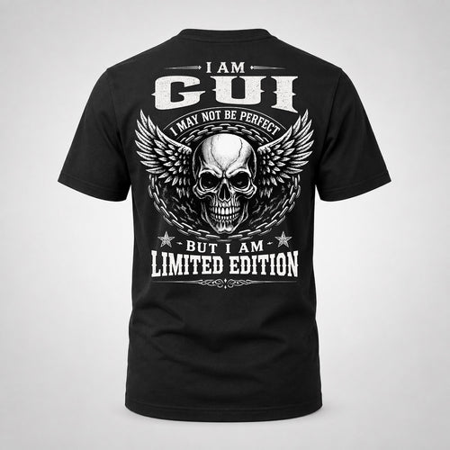 GUI P01-K24-229 – Personalized Skull Graphic Apparel “I Am NAME I May Not Be Perfect But I Am Limited Edition”