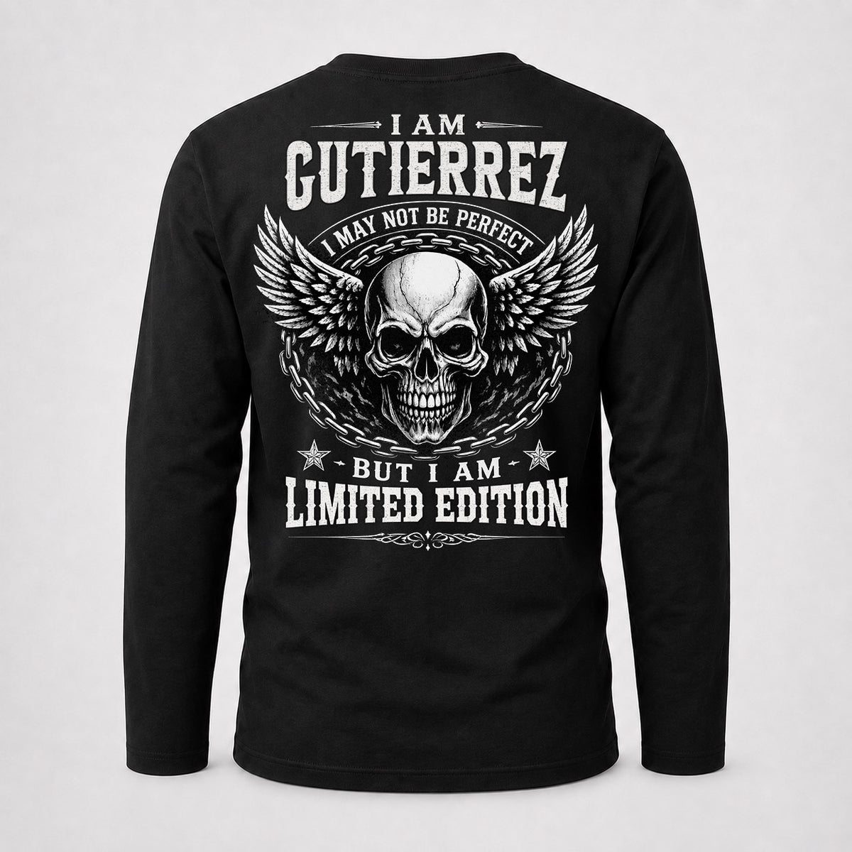 GUTIERREZ P01-K24-229 – Personalized Skull Graphic Apparel “I Am NAME I May Not Be Perfect But I Am Limited Edition”