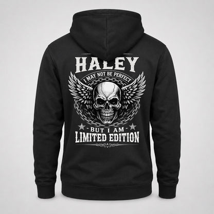 HALEY P01-K24-229 – Personalized Skull Graphic Apparel “I Am NAME I May Not Be Perfect But I Am Limited Edition”