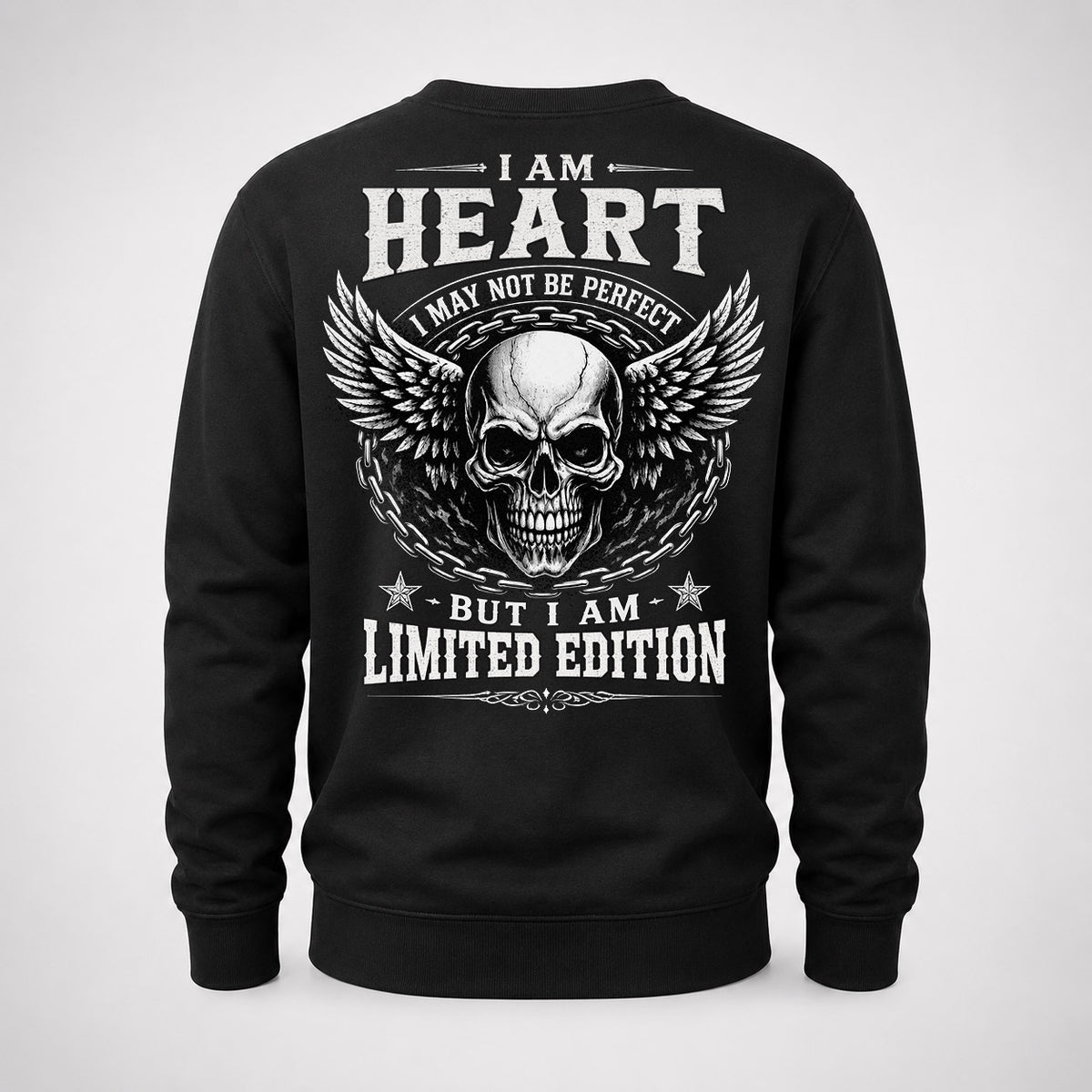 HEART P01-K24-229 – Personalized Skull Graphic Apparel “I Am NAME I May Not Be Perfect But I Am Limited Edition”