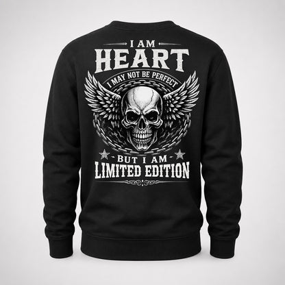 HEART P01-K24-229 – Personalized Skull Graphic Apparel “I Am NAME I May Not Be Perfect But I Am Limited Edition”