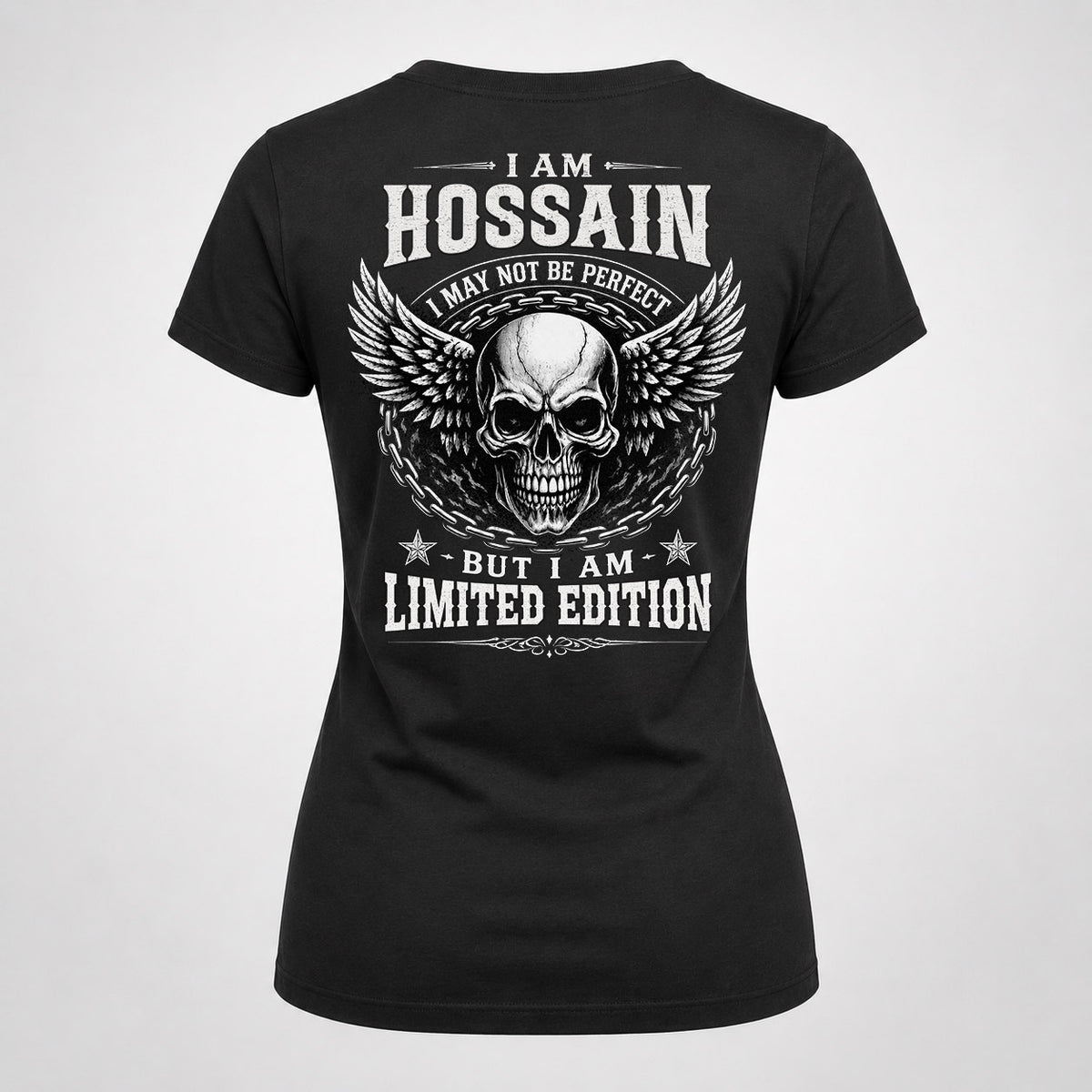 HOSSAIN P01-K24-229 – Personalized Skull Graphic Apparel “I Am NAME I May Not Be Perfect But I Am Limited Edition”