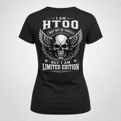 HTOO P01-K24-229 – Personalized Skull Graphic Apparel “I Am NAME I May Not Be Perfect But I Am Limited Edition”