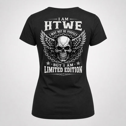 HTWE P01-K24-229 – Personalized Skull Graphic Apparel “I Am NAME I May Not Be Perfect But I Am Limited Edition”