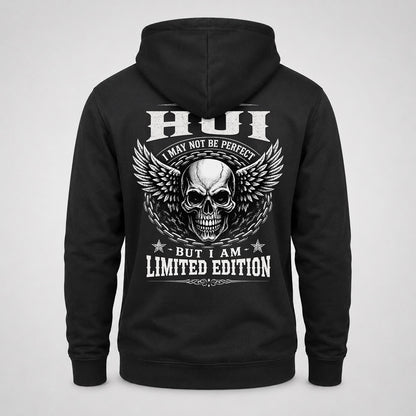 HUI P01-K24-229 – Personalized Skull Graphic Apparel “I Am NAME I May Not Be Perfect But I Am Limited Edition”