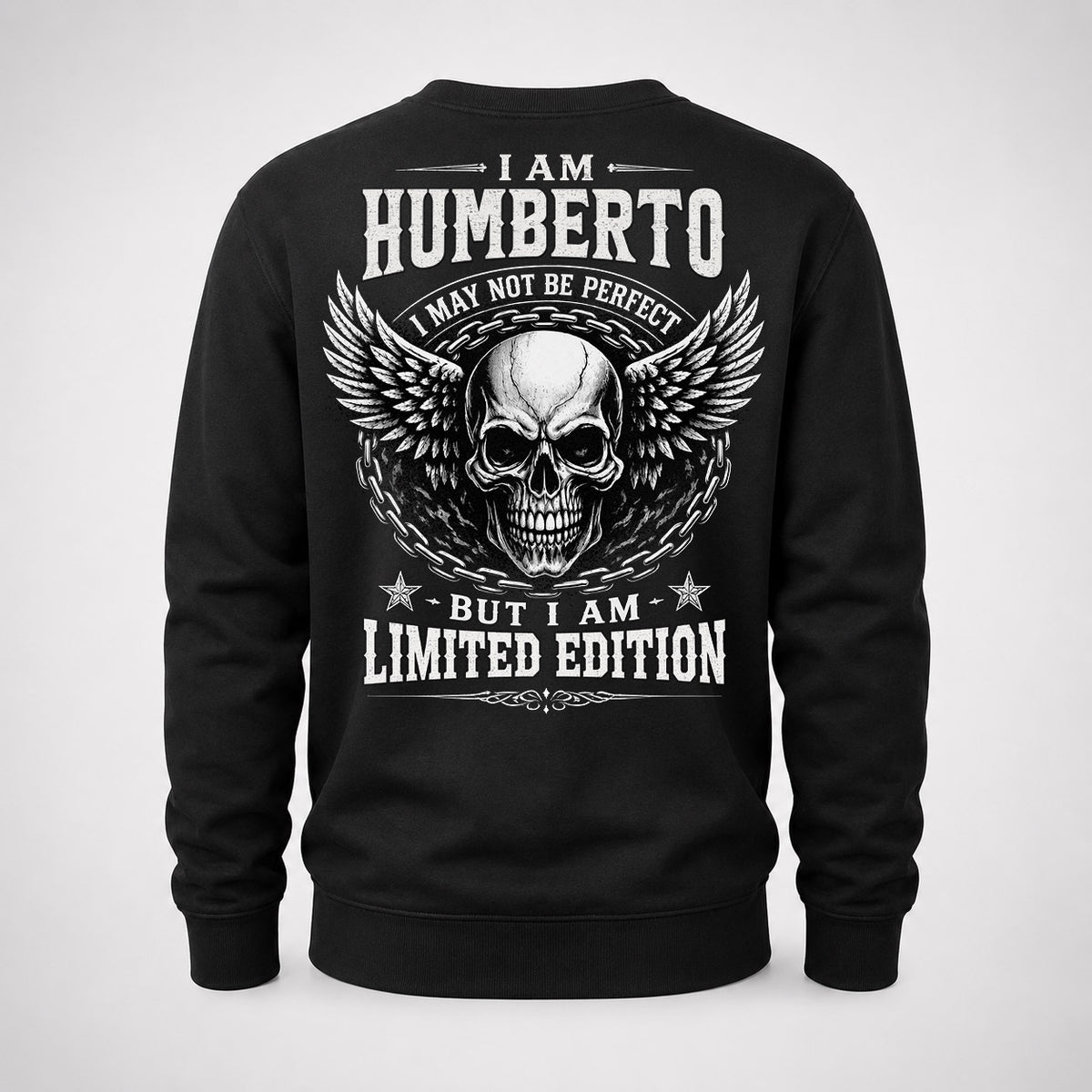 HUMBERTO P01-K24-229 – Personalized Skull Graphic Apparel “I Am NAME I May Not Be Perfect But I Am Limited Edition”