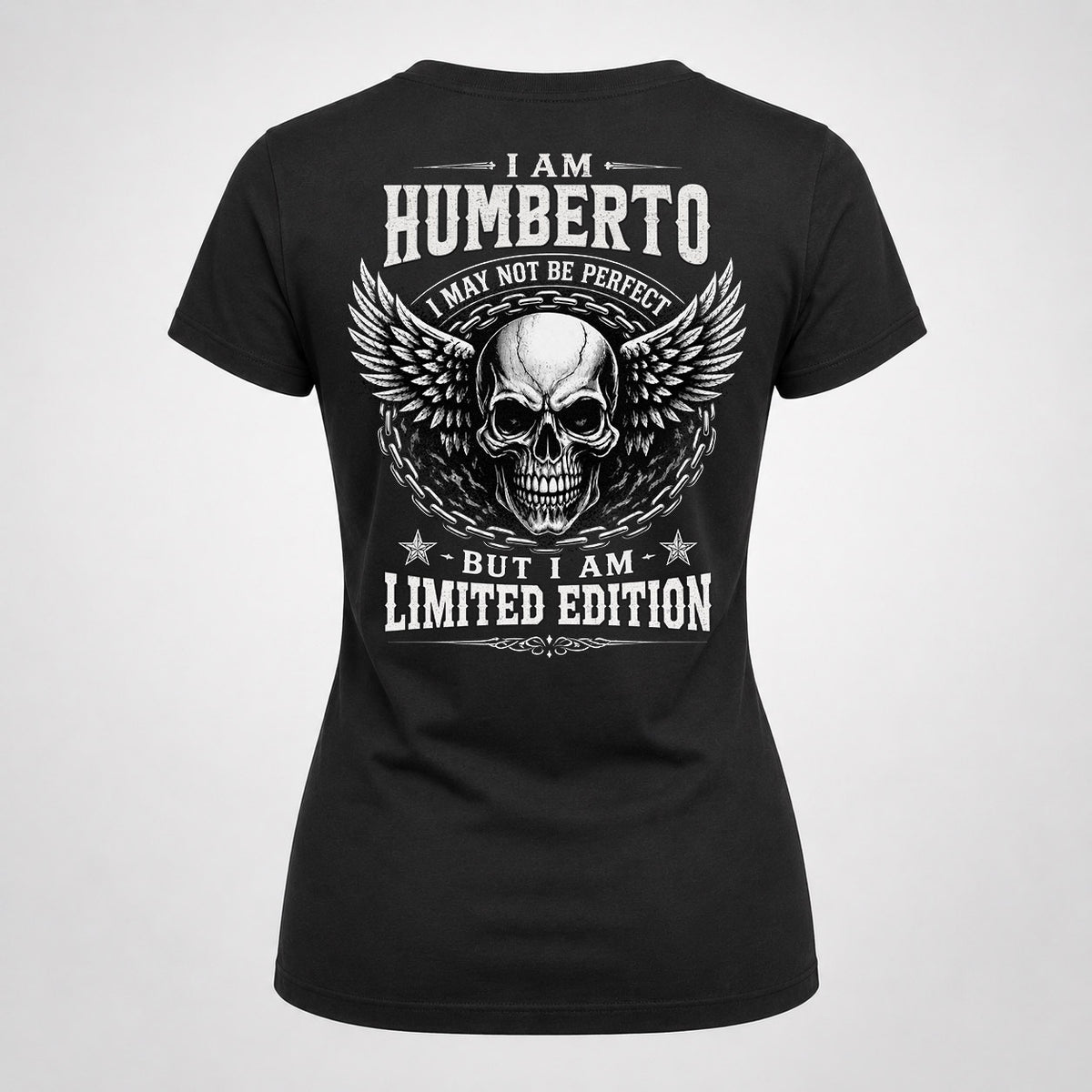HUMBERTO P01-K24-229 – Personalized Skull Graphic Apparel “I Am NAME I May Not Be Perfect But I Am Limited Edition”