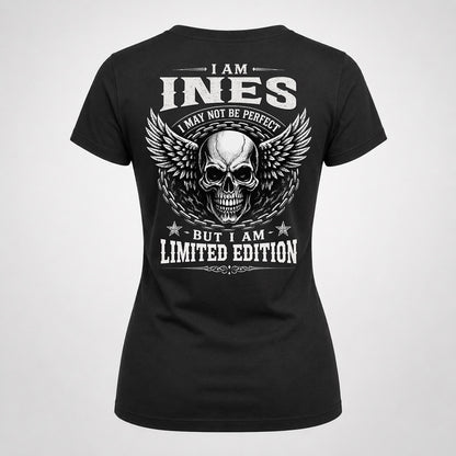 INES P01-K24-229 – Personalized Skull Graphic Apparel “I Am NAME I May Not Be Perfect But I Am Limited Edition”