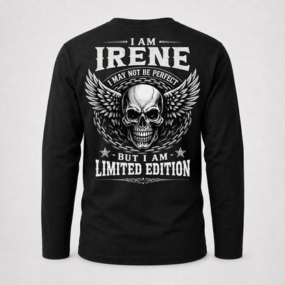 IRENE P01-K24-229 – Personalized Skull Graphic Apparel “I Am NAME I May Not Be Perfect But I Am Limited Edition”