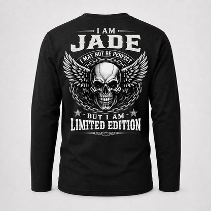 JADE P01-K24-229 – Personalized Skull Graphic Apparel “I Am NAME I May Not Be Perfect But I Am Limited Edition”