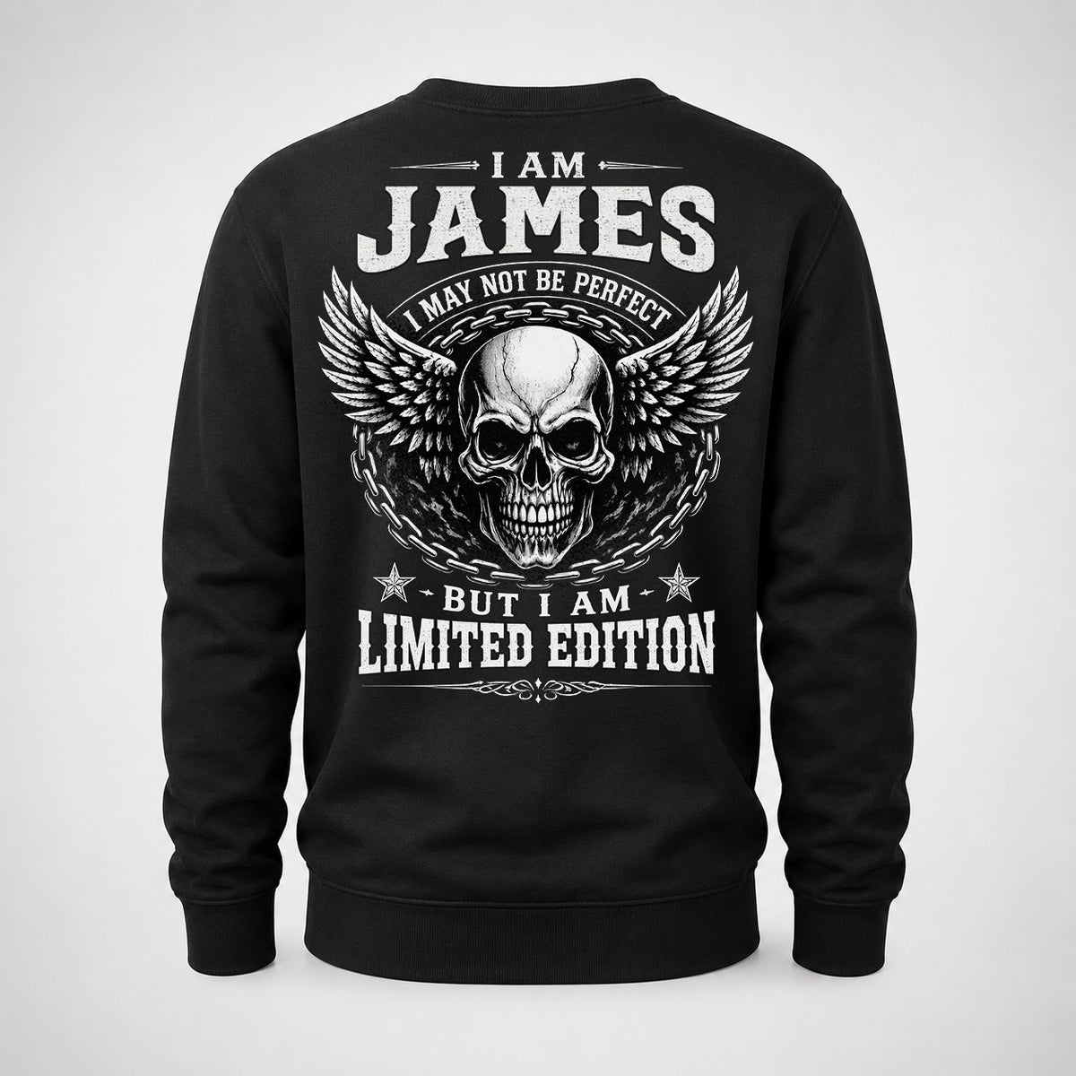 JAMES P01-K24-229 – Personalized Skull Graphic Apparel “I Am NAME I May Not Be Perfect But I Am Limited Edition”