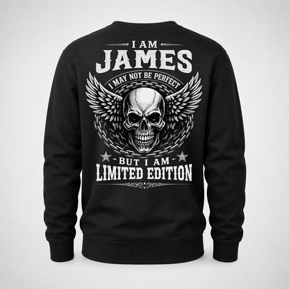 JAMES P01-K24-229 – Personalized Skull Graphic Apparel “I Am NAME I May Not Be Perfect But I Am Limited Edition”
