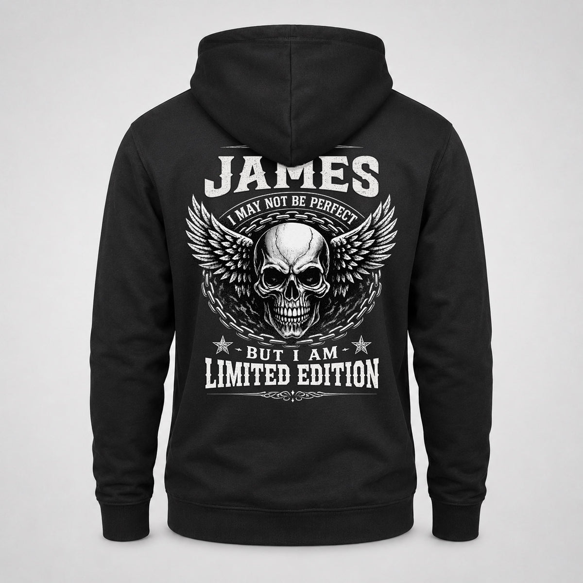 JAMES P01-K24-229 – Personalized Skull Graphic Apparel “I Am NAME I May Not Be Perfect But I Am Limited Edition”