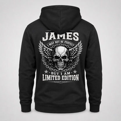 JAMES P01-K24-229 – Personalized Skull Graphic Apparel “I Am NAME I May Not Be Perfect But I Am Limited Edition”