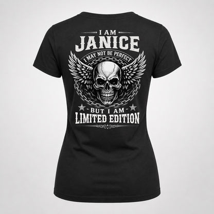 JANICE P01-K24-229 – Personalized Skull Graphic Apparel “I Am NAME I May Not Be Perfect But I Am Limited Edition”