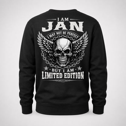 JAN P01-K24-229 – Personalized Skull Graphic Apparel “I Am NAME I May Not Be Perfect But I Am Limited Edition”
