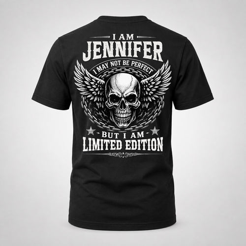 JENNIFER P01-K24-229 – Personalized Skull Graphic Apparel “I Am NAME I May Not Be Perfect But I Am Limited Edition”