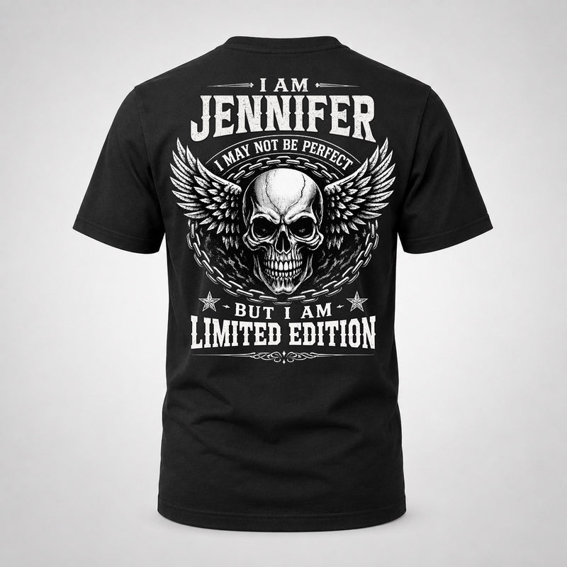 JENNIFER P01-K24-229 – Personalized Skull Graphic Apparel “I Am NAME I May Not Be Perfect But I Am Limited Edition”