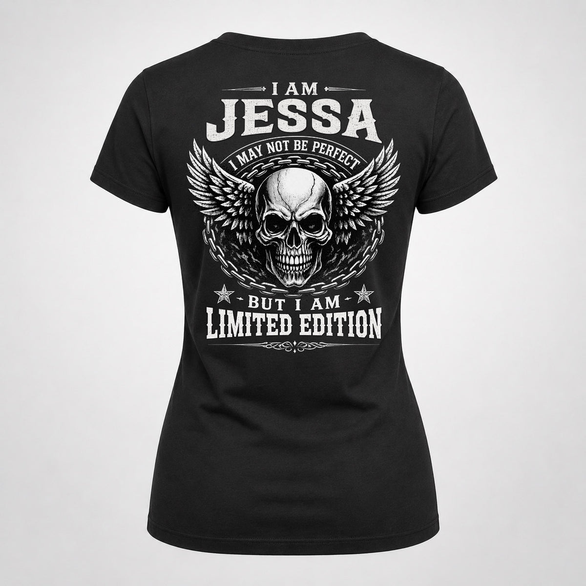 JESSA P01-K24-229 – Personalized Skull Graphic Apparel “I Am NAME I May Not Be Perfect But I Am Limited Edition”