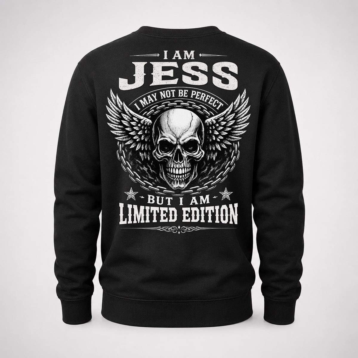 JESS P01-K24-229 – Personalized Skull Graphic Apparel “I Am NAME I May Not Be Perfect But I Am Limited Edition”