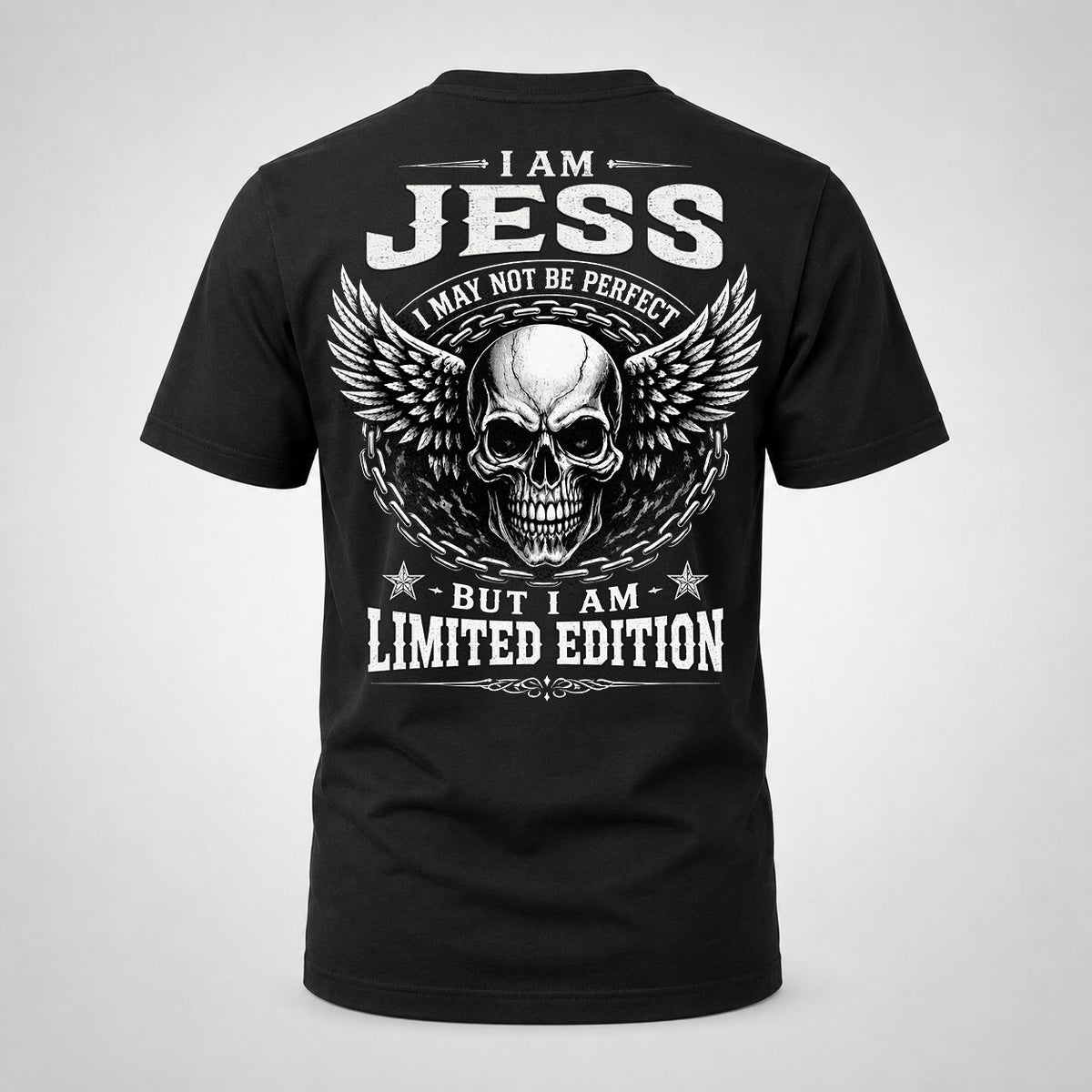 JESS P01-K24-229 – Personalized Skull Graphic Apparel “I Am NAME I May Not Be Perfect But I Am Limited Edition”