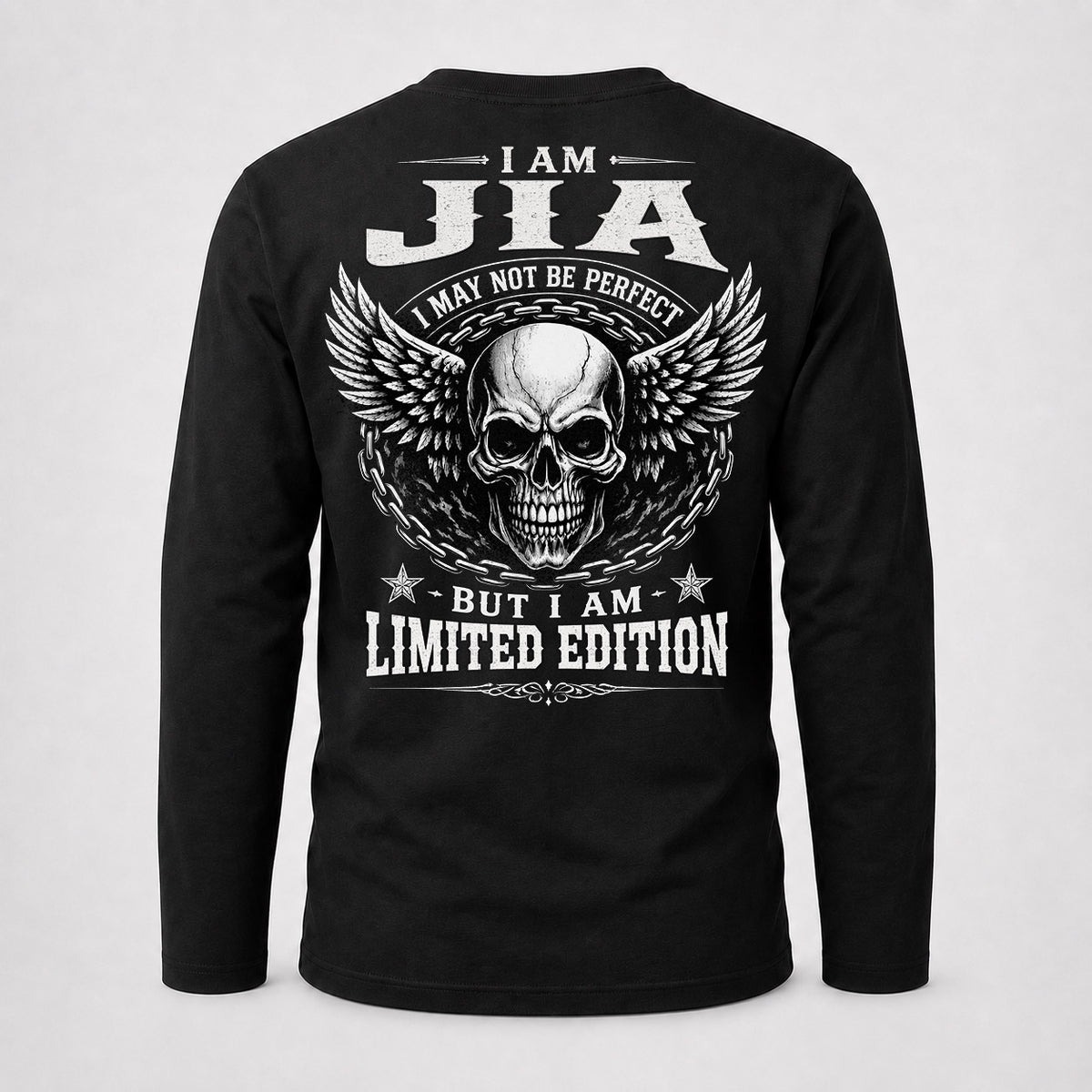 JIA P01-K24-229 – Personalized Skull Graphic Apparel “I Am NAME I May Not Be Perfect But I Am Limited Edition”