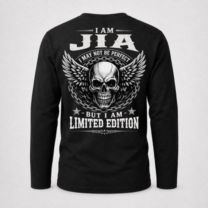 JIA P01-K24-229 – Personalized Skull Graphic Apparel “I Am NAME I May Not Be Perfect But I Am Limited Edition”