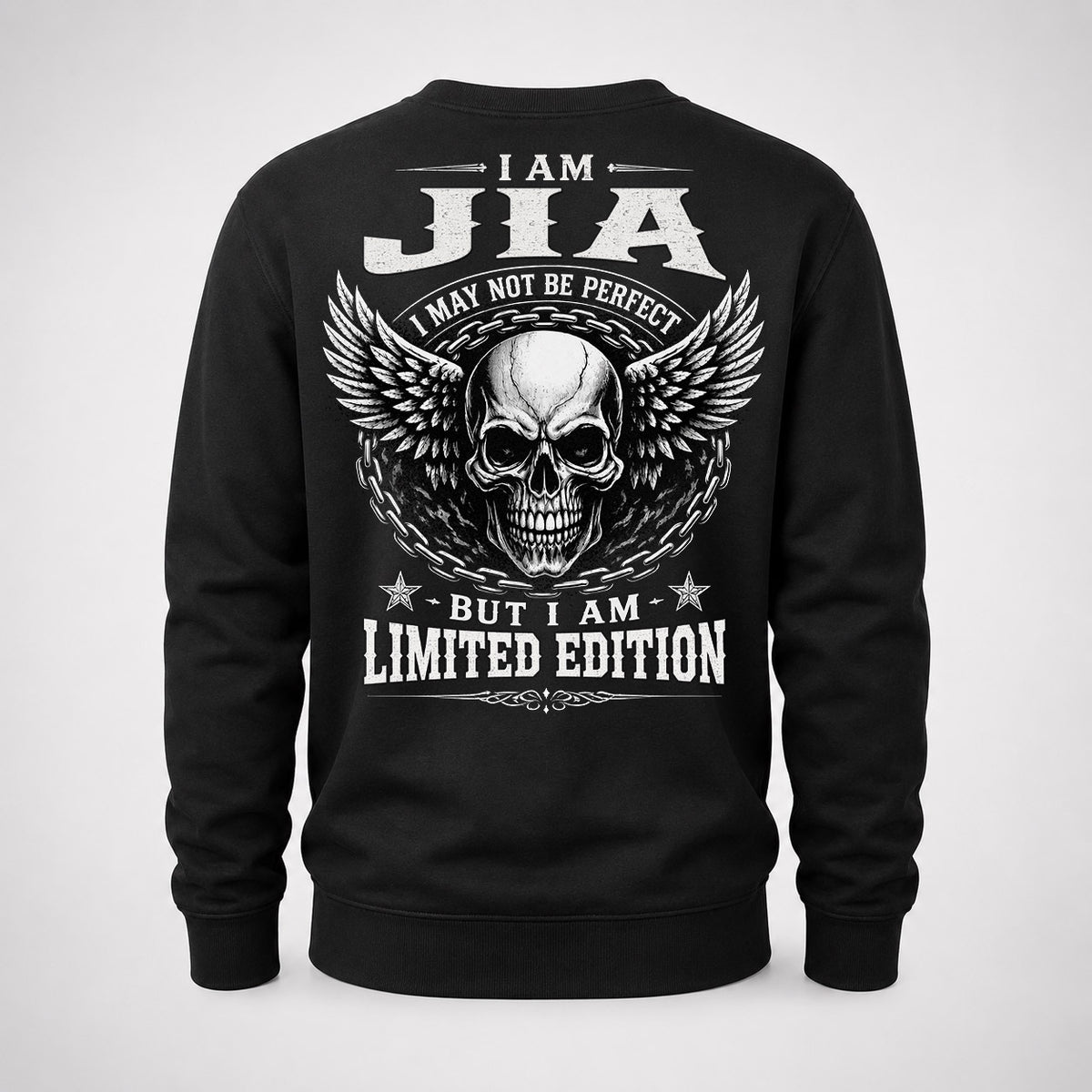 JIA P01-K24-229 – Personalized Skull Graphic Apparel “I Am NAME I May Not Be Perfect But I Am Limited Edition”