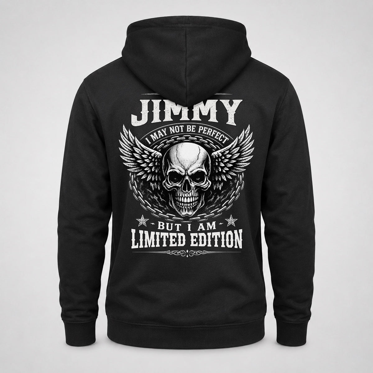 JIMMY P01-K24-229 – Personalized Skull Graphic Apparel “I Am NAME I May Not Be Perfect But I Am Limited Edition”