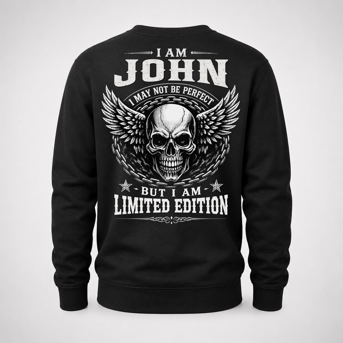 JOHN P01-K24-229 – Personalized Skull Graphic Apparel “I Am NAME I May Not Be Perfect But I Am Limited Edition”