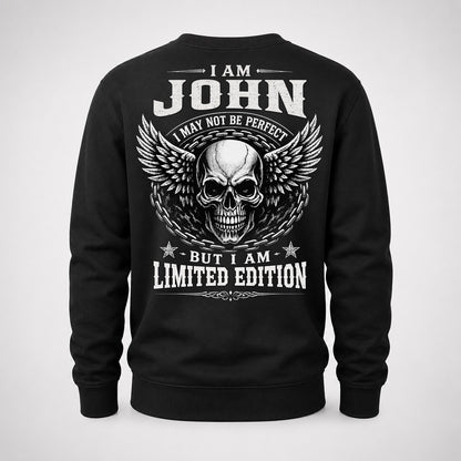 JOHN P01-K24-229 – Personalized Skull Graphic Apparel “I Am NAME I May Not Be Perfect But I Am Limited Edition”