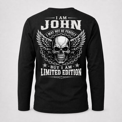 JOHN P01-K24-229 – Personalized Skull Graphic Apparel “I Am NAME I May Not Be Perfect But I Am Limited Edition”