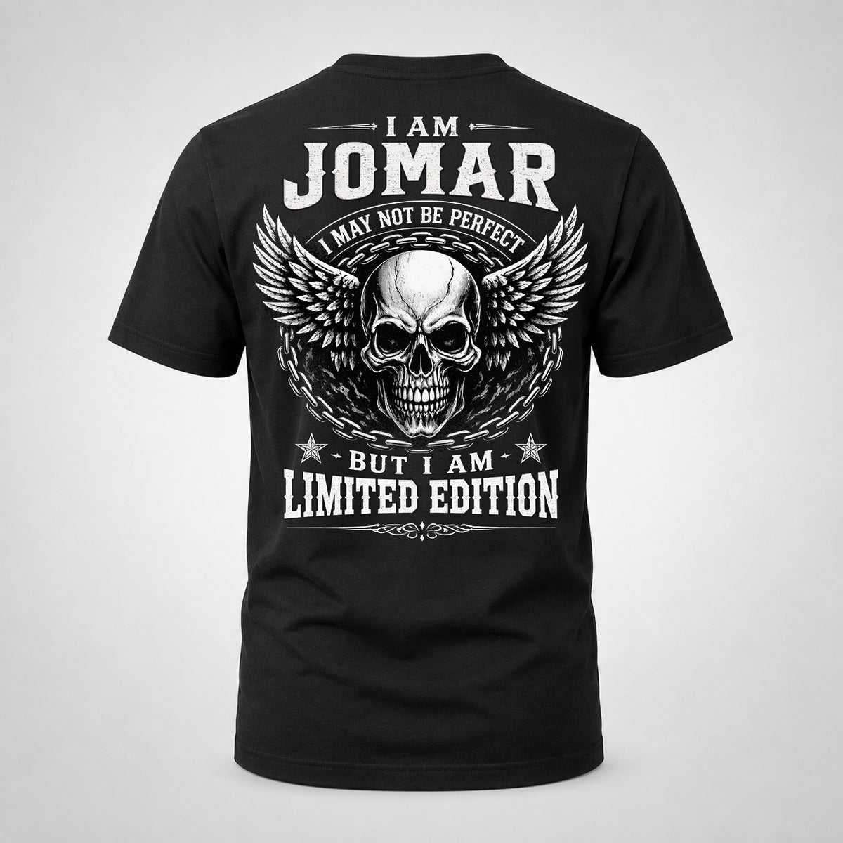 JOMAR P01-K24-229 – Personalized Skull Graphic Apparel “I Am NAME I May Not Be Perfect But I Am Limited Edition”