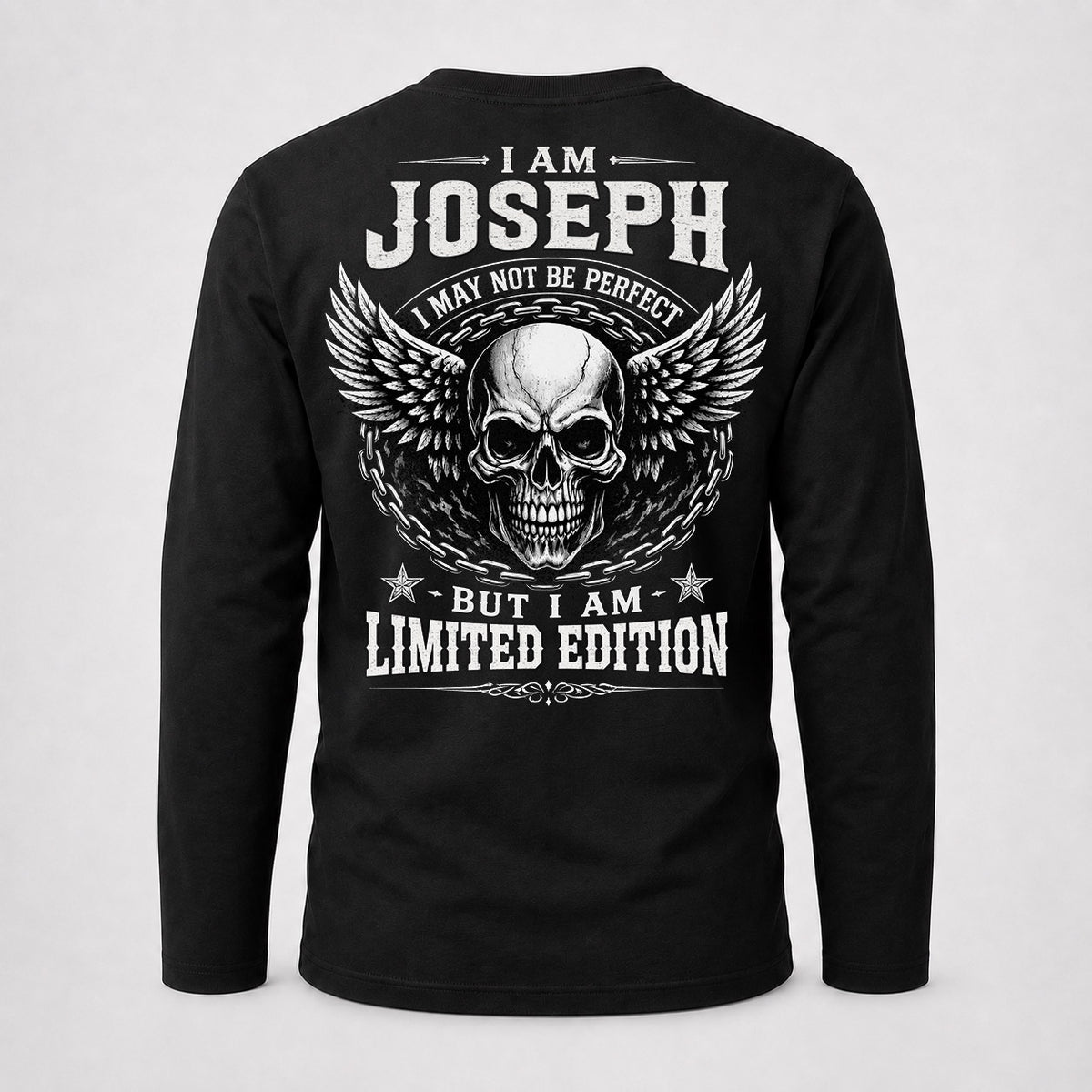 JOSEPH P01-K24-229 – Personalized Skull Graphic Apparel “I Am NAME I May Not Be Perfect But I Am Limited Edition”