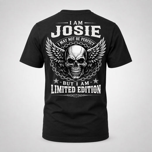 JOSIE P01-K24-229 – Personalized Skull Graphic Apparel “I Am NAME I May Not Be Perfect But I Am Limited Edition”
