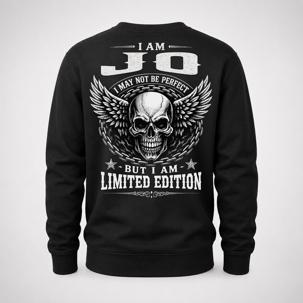 JO P01-K24-229 – Personalized Skull Graphic Apparel “I Am NAME I May Not Be Perfect But I Am Limited Edition”