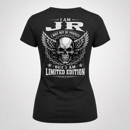 JR P01-K24-229 – Personalized Skull Graphic Apparel “I Am NAME I May Not Be Perfect But I Am Limited Edition”