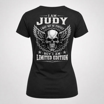 JUDY P01-K24-229 – Personalized Skull Graphic Apparel “I Am NAME I May Not Be Perfect But I Am Limited Edition”