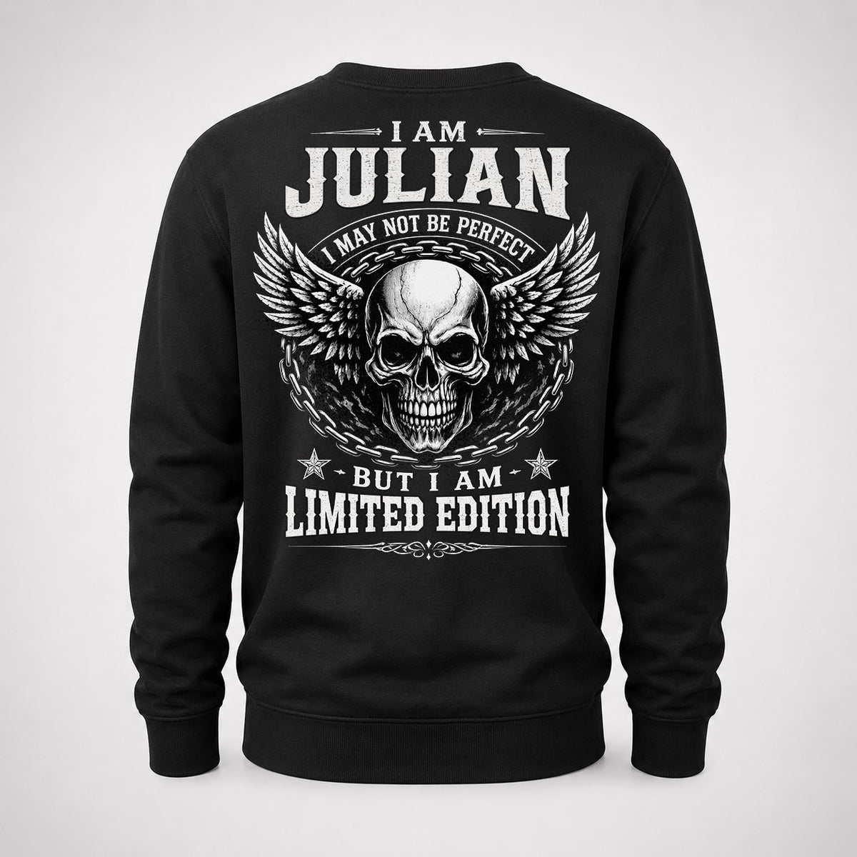JULIAN P01-K24-229 – Personalized Skull Graphic Apparel “I Am NAME I May Not Be Perfect But I Am Limited Edition”
